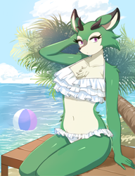 Size: 1684x2188 | Tagged: safe, artist:shirasiyuki, clove the pronghorn, ball, beach ball, bikini, daytime, outdoors, palm tree, sitting, solo, water