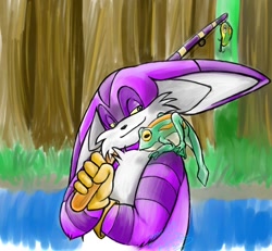 Size: 1004x928 | Tagged: safe, artist:blizzardwolf, big the cat, froggy, 2005, abstract background, duo, fishing pole, grass, holding something, lidded eyes, on shoulder, outdoors, smile, tree, water