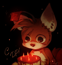 Size: 1388x1455 | Tagged: safe, artist:anpiiii, tails doll, 2024, birthday, black background, cake, candle, doll, fire, male, robot, simple background, solo, sparkles, text