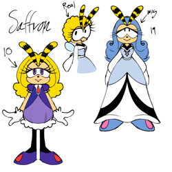 Size: 768x768 | Tagged: safe, artist:lazarus171, saffron bee, bee, 2022, alternate universe, character name, dress, english text, flat colors, lidded eyes, looking at viewer, looking offscreen, simple background, smile, solo, standing, text, white background