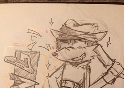 Size: 2048x1458 | Tagged: safe, artist:oakglove, nack the weasel, 2025, arm fluff, hat, holding something, knife, line art, looking offscreen, monochrome, one fang, pencilwork, sketch, smile, solo, sparkles, traditional media, wood, wood carving