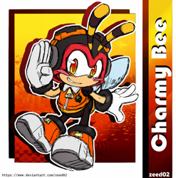 Size: 1280x1294 | Tagged: safe, artist:zeed_02, charmy bee, bee, 2024, abstract background, blushing, character name, goggles, looking at viewer, outline, pilot hat, redraw, salute, signature, smile, smiling at viewer, solo