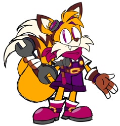 Size: 838x883 | Tagged: safe, artist:wpotato01, miles "tails" prower, 2024, bandana, belt, boots, brown gloves, brown nose, buckle, clothes, eyewear on head, flat colors, fur markings, goggles, goggles on head, hammer, looking at viewer, one fang, overalls, pink shoes, redesign, simple background, smile, solo, white background, wrench