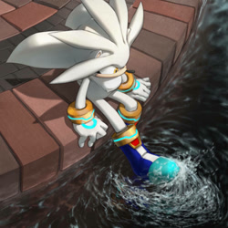 Size: 800x800 | Tagged: safe, artist:inualet, silver the hedgehog, hedgehog, 2017, brick wall, kicking, male, outdoors, sitting, solo, water