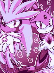 Size: 1024x1383 | Tagged: safe, artist:rosytoonz, blaze the cat, silver the hedgehog, cat, hedgehog, 2017, abstract background, arms out, duo, female, fire, limited palette, looking at viewer, male, monochrome, outline, pyrokinesis, telekinesis