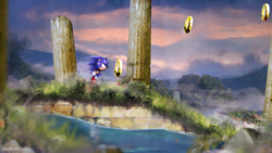 Size: 1192x670 | Tagged: safe, artist:orioto, sonic the hedgehog, hedgehog, aquatic ruin zone, sonic the hedgehog 2, 2008, after effect, bricks, bush, flower, fruit, grass, male, pillar, realism, ring, running, scenery, solo, sunset, surrealism