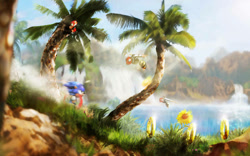 Size: 1131x707 | Tagged: safe, artist:orioto, sonic the hedgehog, hedgehog, green hill zone, 2008, badnik, buzzbomber, daytime, flower, grass, male, mountain, palm tree, realism, ring, running, scenery, solo, sunflower, surrealism, tree, water, waterfall