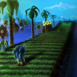 Size: 894x894 | Tagged: safe, artist:sngpso, sonic the hedgehog, hedgehog, sonic the hedgehog (1991), 2010, badnik, buzzbomber, chopper, clouds, daytime, flower, grass, island, looking ahead, male, motobug, ocean, palm tree, ring, scenery, solo, sparkles, sunflower, tree, water, waterfall