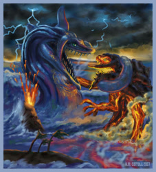Size: 800x881 | Tagged: safe, artist:netraptor, chaos, iblis, perfect chaos, 2007, clouds, duo, fighting, fire, lava, lightning, male, ocean, palm tree, steam, storm, storm cloud, tree, water