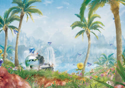 Size: 1064x751 | Tagged: safe, artist:orioto, flicky, pocky, sonic the hedgehog, bird, hedgehog, rabbit, 2016, capsule, clouds, daytime, flower, grass, hummingbird, literal animal, looking up, male, mountain, mountain range, palm tree, realism, scenery, scenery porn, sitting, solo, star (sky), surrealism, tree, water, waterfall