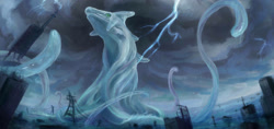Size: 1303x613 | Tagged: safe, artist:dcison, chaos, perfect chaos, sonic adventure, 2014, city, clouds, flooding, lightning, looking at viewer, male, powerlines, rain, scenery, skyscraper, solo, station square, storm, storm cloud, water