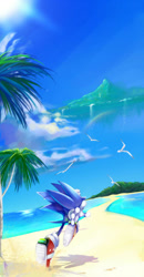 Size: 600x1157 | Tagged: safe, artist:evmousser, sonic the hedgehog, bird, hedgehog, 2011, angel island, beach, clouds, daytime, forest, literal animal, looking ahead, male, ocean, palm tree, rainbow, running, sand, scenery, seagull, sun, tree, water, waterfall