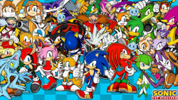 Size: 1192x670 | Tagged: safe, artist:soniclover82, amy rose, bark the polar bear, bean the dynamite, big the cat, blaze the cat, chaos, charmy bee, cheese (chao), chip, cosmo the seedrian, cream the rabbit, e-102 gamma, e-123 omega, eggman nega, emerl, espio the chameleon, jet the hawk, knuckles the echidna, marine the raccoon, metal sonic, mighty the armadillo, miles "tails" prower, nack the weasel, ray the flying squirrel, robotnik, rouge the bat, shadow the hedgehog, silver the hedgehog, sonic the hedgehog, storm the albatross, tikal, vanilla the rabbit, vector the crocodile, wave the swallow, everyone is here, group, wallpaper