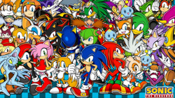 Size: 1192x670 | Tagged: safe, artist:soniclover82, amy rose, bark the polar bear, bean the dynamite, big the cat, blaze the cat, chaos, charmy bee, cheese (chao), cosmo the seedrian, cream the rabbit, e-102 gamma, e-123 omega, eggman nega, emerl, espio the chameleon, jet the hawk, knuckles the echidna, marine the raccoon, metal sonic, mighty the armadillo, miles "tails" prower, nack the weasel, ray the flying squirrel, robotnik, rouge the bat, shadow the hedgehog, silver the hedgehog, sonic the hedgehog, storm the albatross, tikal, vanilla the rabbit, vector the crocodile, wave the swallow, everyone is here, group, wallpaper