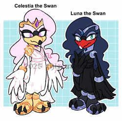 Size: 2048x2048 | Tagged: safe, artist:thiscatdraws, barely sonic related, mobianified, my little pony, princess celestia, princess luna, swan