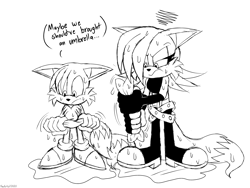 Size: 4000x3000 | Tagged: safe, artist:fartist2020, fiona fox, miles "tails" prower, dialogue, english text, line art, puddle, simple background, text, water, wet, white background