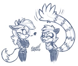 Size: 751x636 | Tagged: safe, artist:sapphired, fiona fox, tangle the lemur, 2025, arms folded, cute, duo, eyes closed, line art, monochrome, signature, simple background, sketch, standing, tongue out, white background