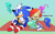 Size: 1709x1068 | Tagged: safe, artist:risziarts, jade wisp, sally acorn, sonic the hedgehog, wisp, chipmunk, hedgehog, alternate outfit, au:sonic world travel, blanket, blue power pattern, blue wisp, celebration, clothes, cyan power pattern, cyan wisp, date, dress, female, group, magenta wisp, male, picnic, sally x sonic, shipping, shorts, straight, white wisp
