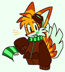 Size: 1816x2009 | Tagged: safe, artist:ocdkitsunami, miles "tails" prower, 2025, aviator jacket, beanbrows, blushing, clothes, cute, eyelashes, flat colors, freckles, fur markings, green blush, green tongue, jacket, one fang, oversized, scarf, signature, simple background, smile, solo, standing, white background