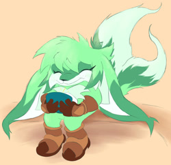 Size: 2048x1985 | Tagged: safe, artist:colorfulplasma, oc, oc:mint prower, 2025, beige background, cute, eyelashes, eyes closed, fankid, fennec, holding something, magical gay spawn, nonbinary, oc only, parent:kit, parent:tails, parents:kittails, simple background, sitting, smile, solo, solo nonbinary