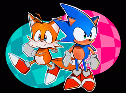 Size: 2048x1524 | Tagged: safe, artist:pidgeoryx, miles "tails" prower, sonic the hedgehog, sonic r, 2025, abstract background, duo, looking at viewer, looking offscreen, outline, redraw, smile