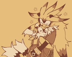 Size: 1502x1180 | Tagged: safe, artist:captainsquiddd, miles "tails" prower, silver the hedgehog, 2025, beige background, blushing, clothes, cute, duo, eyes closed, flat colors, hugging, monochrome, overalls, shirt, silvabetes, simple background, smile, standing, tailabetes