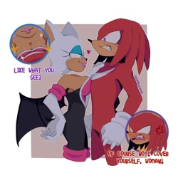 Size: 1380x1380 | Tagged: suggestive, artist:fravoccado, knuckles the echidna, rouge the bat, duo, knuxouge, shipping, straight