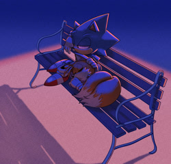 Size: 2048x1964 | Tagged: safe, artist:inky-axolotl-gaia, miles "tails" prower, sonic the hedgehog, 2025, abstract background, bench, classic sonic, classic tails, duo, eyes closed, lidded eyes, lying down, sitting, sleeping