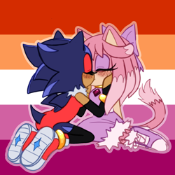Size: 2048x2048 | Tagged: safe, artist:emthimofnight, oc, oc:camellia the cat, oc:stellar the hedgehog, camellia x stellar, duo, edit, fankid, icon, kiss, lesbian, lesbian pride, magical gay spawn, magical lesbian spawn, mobius.social exclusive, oc x oc, parent:amy, parent:blaze, parent:shadow, parent:sonic, parents:blazamy, parents:sonadow, pride, pride flag background, shipping