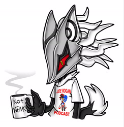 Size: 1995x2048 | Tagged: safe, artist:93cats, infinite the jackal, shadow the hedgehog, sonic the hedgehog, 2025, coffee, gay, holding something, infinite's mask, joe rogan, looking offscreen, mug, neck fluff, shadow x sonic, shipper on deck, shipping, shirt, smoke, solo, uekawa style, words on a shirt