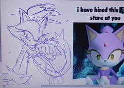 Size: 1280x919 | Tagged: safe, artist:93cats, blaze the cat, 2025, clenched fist, line art, looking at viewer, monochrome, purple background, simple background, sketch, smile, solo
