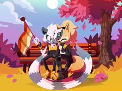 Size: 2000x1499 | Tagged: safe, artist:bluetakrush, tangle the lemur, whisper the wolf, 2025, abstract background, arm around shoulders, bench, cherry blossom petals, cherry blossom tree, clouds, daytime, duo, flag, grass, holding something, lesbian, lesbian pride, lineless, outdoors, pride, pride flag, sakura blossoms, shipping, sitting, tangle x whisper