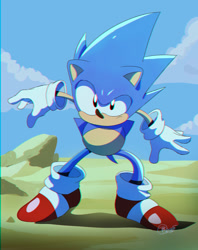 Size: 1581x2000 | Tagged: safe, artist:bluetakrush, sonic the hedgehog, sonic cd, 2025, abstract background, classic sonic, daytime, frown, looking ahead, looking offscreen, outdoors, redraw, signature, solo