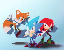 Size: 2048x1617 | Tagged: safe, artist:bluetakrush, knuckles the echidna, miles "tails" prower, sonic the hedgehog, 2025, classic knuckles, classic sonic, classic tails, frown, gradient background, lineless, looking at viewer, looking offscreen, mid-air, mouth open, open smile, signature, smile, standing, team sonic, trio
