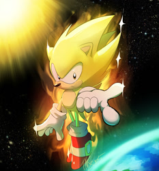 Size: 1205x1291 | Tagged: safe, artist:bluetakrush, sonic the hedgehog, super sonic, 2025, abstract background, earth, flying, frown, looking at viewer, mid-air, planet, pointing, solo, space, sparkles, star (sky), super form
