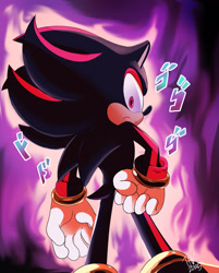 Size: 1643x2048 | Tagged: safe, artist:bluetakrush, shadow the hedgehog, 2025, abstract background, aura, frown, hand on hip, japanese text, looking at viewer, looking back, looking back at viewer, signature, solo, standing