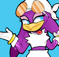 Size: 2048x1984 | Tagged: safe, artist:nuibui, wave the swallow, 2025, blue background, lidded eyes, looking offscreen, midriff, shrugging, simple background, smile, solo, sonic riders, standing