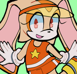 Size: 2048x1984 | Tagged: safe, artist:nuibui, cream the rabbit, 2025, green background, looking at viewer, mouth open, open smile, riders outfit, simple background, smile, solo, sonic riders, standing on one leg