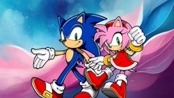 Size: 1920x1080 | Tagged: safe, artist:soniclover82, amy rose, sonic the hedgehog, hedgehog, 2024, abstract background, amy x sonic, duo, female, male, shipping, straight, wallpaper