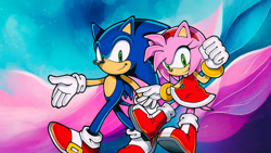 Size: 1192x670 | Tagged: safe, artist:soniclover82, amy rose, sonic the hedgehog, hedgehog, 2024, abstract background, alternate version, amy x sonic, duo, female, male, shipping, straight, wallpaper
