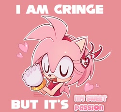 Size: 1292x1196 | Tagged: safe, artist:emistations, amy rose, 2025, amybetes, blushing, bust, caption, cute, english text, eyes closed, hands together, heart, i am cringe (meme), meme, mouth open, my sweet passion, open smile, outline, pink background, signature, simple background, smile, solo, text