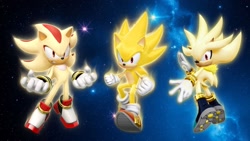Size: 1920x1080 | Tagged: safe, artist:soniclover82, shadow the hedgehog, silver the hedgehog, sonic the hedgehog, super shadow, super sonic, 3d, super form, super silver, trio, wallpaper