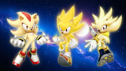 Size: 1192x670 | Tagged: safe, artist:soniclover82, shadow the hedgehog, silver the hedgehog, sonic the hedgehog, super shadow, super sonic, 3d, alternate version, super form, super silver, wallpaper