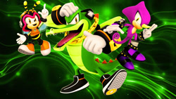 Size: 1192x670 | Tagged: safe, artist:nibroc-rock, artist:soniclover82, charmy bee, espio the chameleon, vector the crocodile, 3d, alternate version, team chaotix, trio, wallpaper