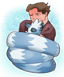 Size: 1983x2377 | Tagged: safe, artist:captainjingo, tangle the lemur, human, lemur, cute, female, hugging, human male, male, simple background, tail hug, tail wrap, white background