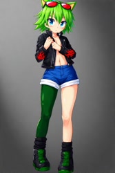 Size: 512x768 | Tagged: safe, ai art, scourge the hedgehog, human, asymmetrical clothes, asymmetrical legwear, blue eyes, boots, glasses, glasses on head, gradient background, green hair, humanized, jacket, leg warmers, male, official style, partially humanized, shorts, single leg pantyhose, solo, sunglasses