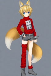 Size: 512x768 | Tagged: safe, ai art, miles (anti-mobius), human, asymmetrical clothes, asymmetrical footwear, gradient background, humanized, male, official style, partially humanized, shorts, single boot, single thigh boot, solo, sweater, yellow hair