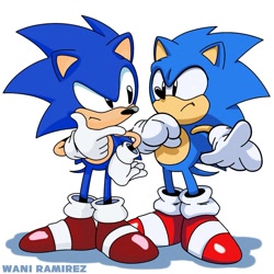 Size: 1101x1099 | Tagged: safe, artist:waniramirez, sonic the hedgehog, 2017, classic sonic, duo, frown, looking at each other, self paradox, shadow (lighting), signature, simple background, standing, toei style, tyson hesse style, white background