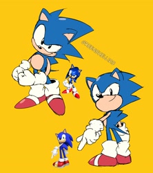 Size: 1816x2048 | Tagged: safe, artist:greenshell123, sonic the hedgehog, 2020, classic sonic, clenched fists, duality, flat colors, looking at viewer, pointing, posing, reference inset, signature, simple background, sketch, smile, smiling at viewer, solo, standing, toei style, yellow background