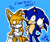 Size: 600x500 | Tagged: safe, artist:ojamajodoremidokkan, miles "tails" prower, sonic the hedgehog, 2006, blue background, clenched teeth, dialogue, duo, english text, frown, hand on hip, looking at them, looking at viewer, outline, pointing, shrunken pupils, simple background, smile, standing, sweatdrop, text